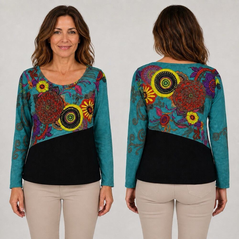 Leopards & Roses Tunic Top Small Colorful Floral Cotton Long Sleeve Boho Artsy